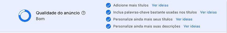 Painel de qualidade do anúncio no Google Ads